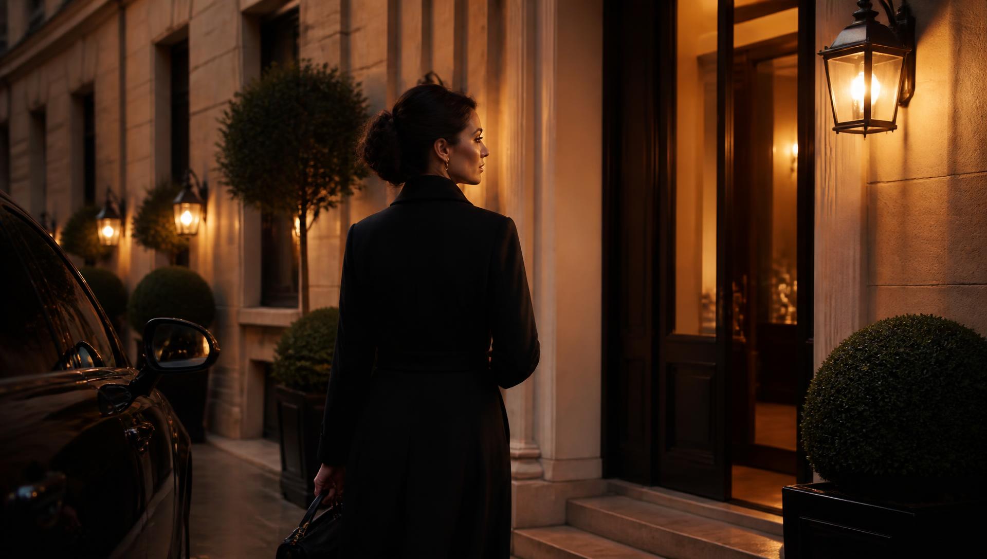Elegant woman arriving at a discreet private clinic entrance at dusk
